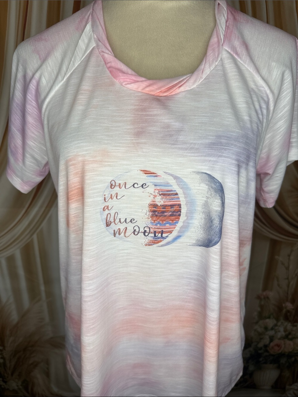 ONE WORLD Pastel Pink Blue Peach Tie-Dye Short Sleeve Tee with Moon Graphic
